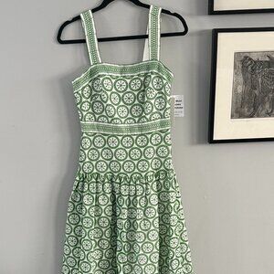 Shoshanna Mirabella Scalloped Eyelet Midi Dress in Green/White, Sz 2